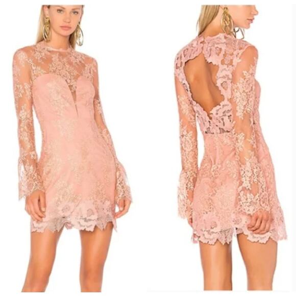 REVOLVE Dresses & Skirts - Saylor x Revolve Leondra Dress Lace Peachy Pink Long Sleeve Mini Sheer Scallop M